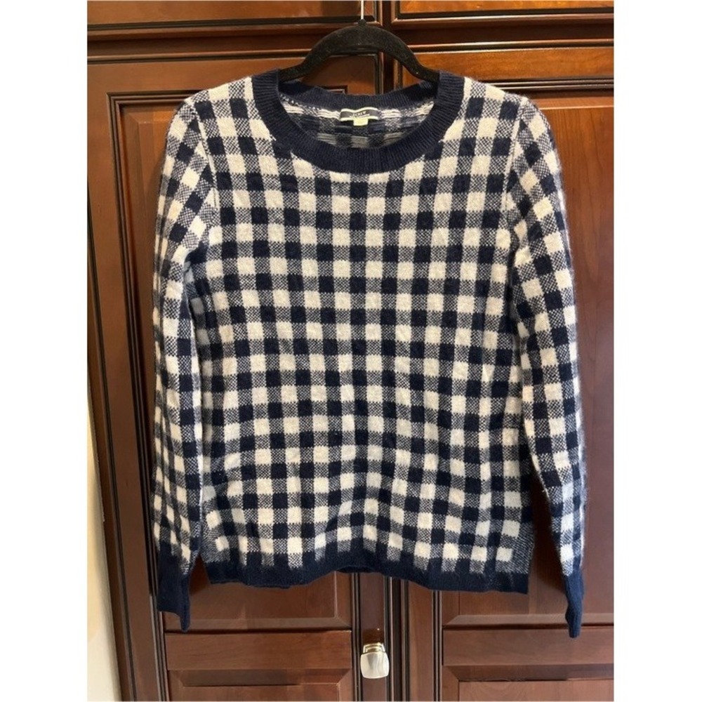 J Crew Cashmere Sweater Gingham Blue and White - S